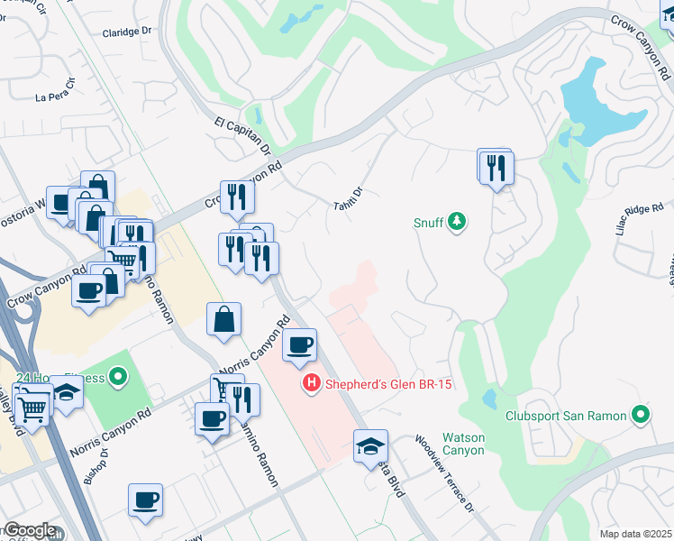 map of restaurants, bars, coffee shops, grocery stores, and more near 315 Norris Canyon Terrace in San Ramon