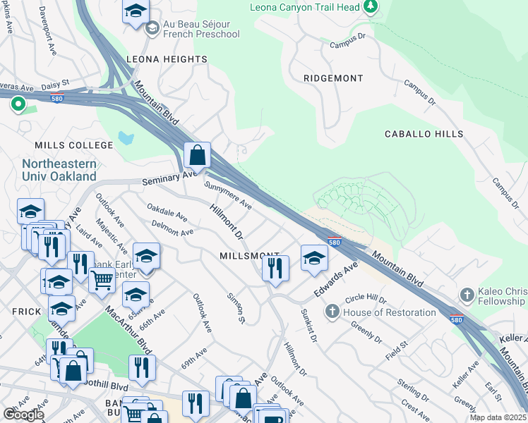 map of restaurants, bars, coffee shops, grocery stores, and more near 6432 Sunnymere Avenue in Oakland