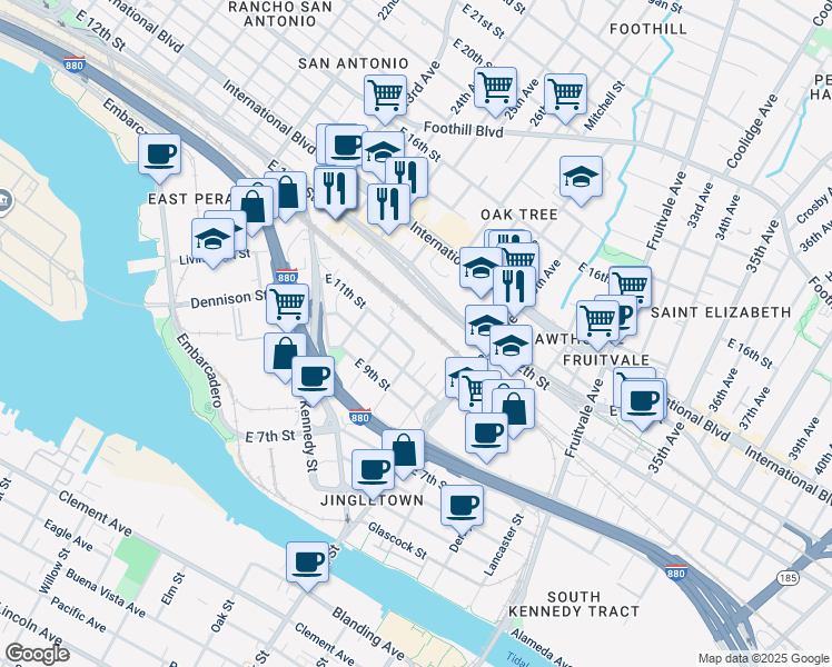 map of restaurants, bars, coffee shops, grocery stores, and more near 2744 East 11th Street in Oakland