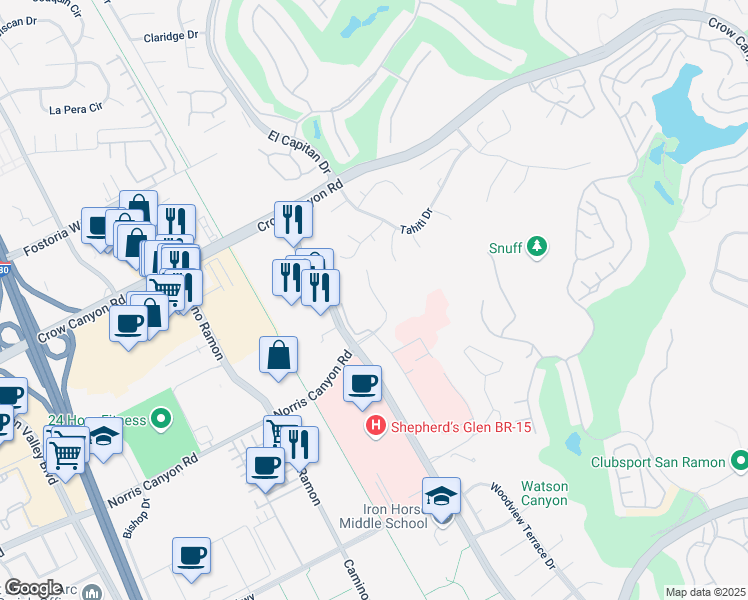 map of restaurants, bars, coffee shops, grocery stores, and more near 407 Norris Canyon Terrace in San Ramon