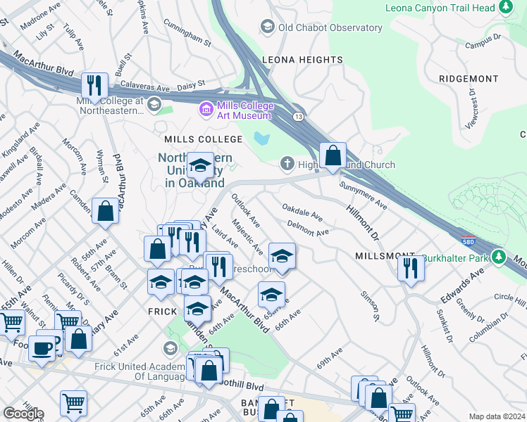 map of restaurants, bars, coffee shops, grocery stores, and more near 6105 Oakdale Avenue in Oakland