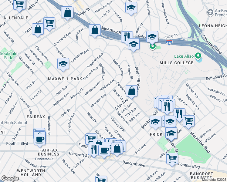 map of restaurants, bars, coffee shops, grocery stores, and more near 3020 Morcom Avenue in Oakland