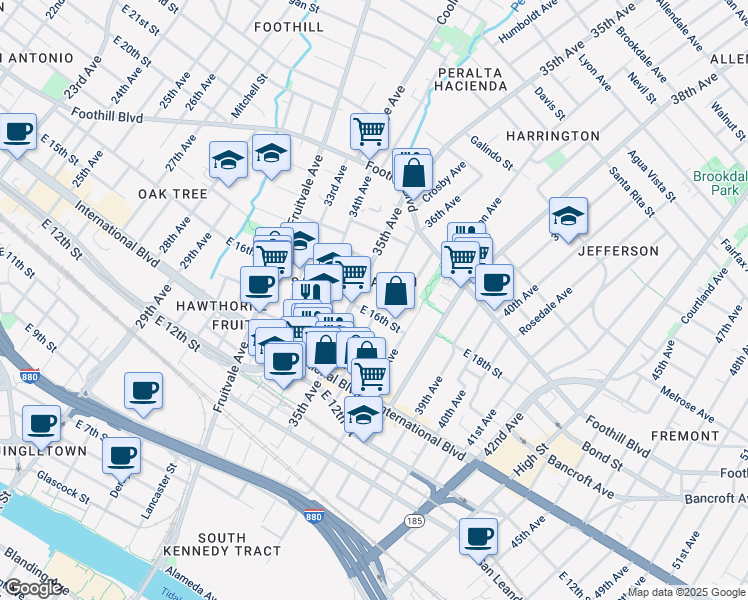 map of restaurants, bars, coffee shops, grocery stores, and more near 1609 36th Avenue in Oakland
