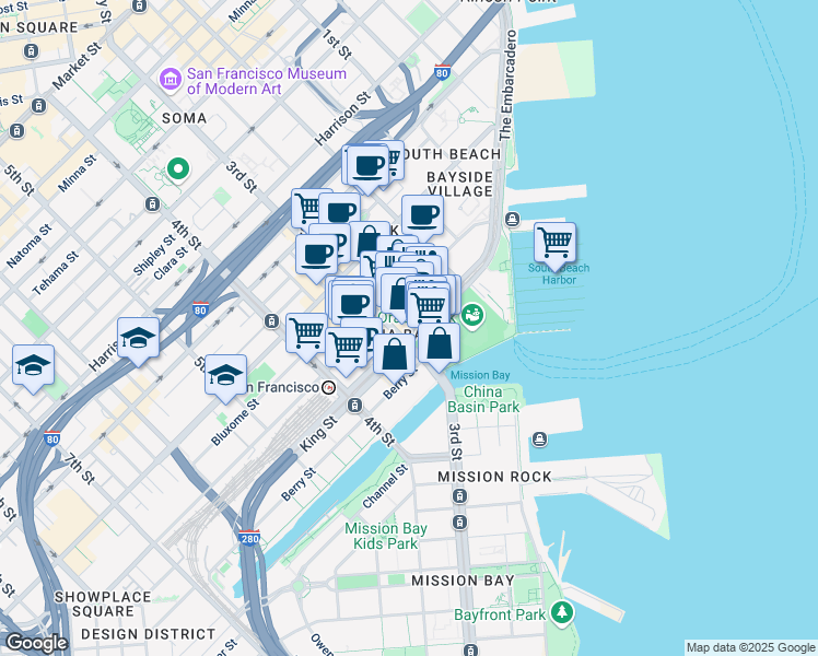 map of restaurants, bars, coffee shops, grocery stores, and more near 162 King Street in San Francisco