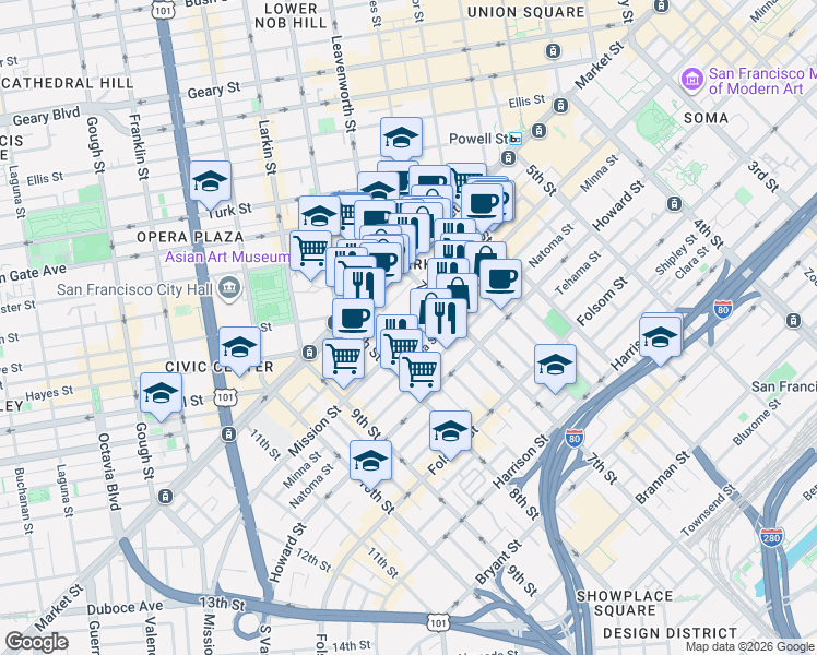 map of restaurants, bars, coffee shops, grocery stores, and more near 90 7th Street in San Francisco