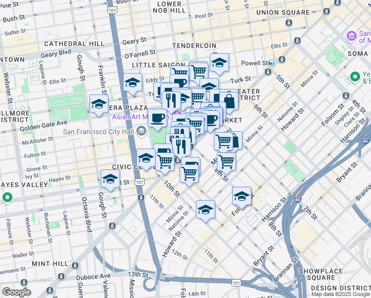 map of restaurants, bars, coffee shops, grocery stores, and more near in San Francisco