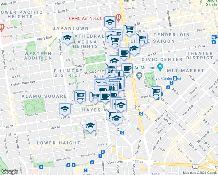 map of restaurants, bars, coffee shops, grocery stores, and more near in San Francisco