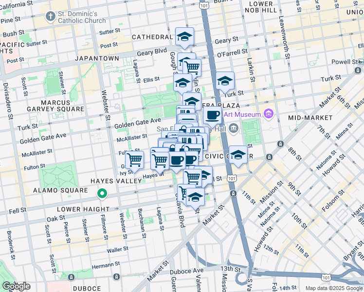 map of restaurants, bars, coffee shops, grocery stores, and more near in San Francisco