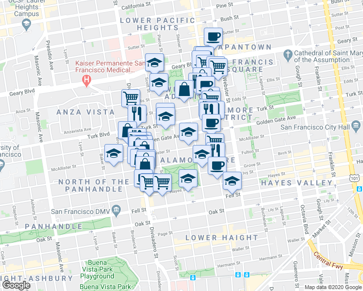 map of restaurants, bars, coffee shops, grocery stores, and more near 1455 Golden Gate Avenue in San Francisco