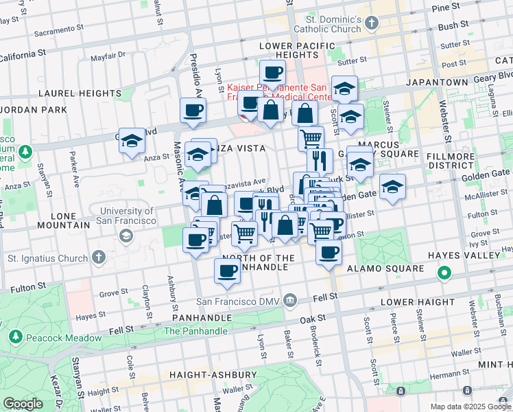 map of restaurants, bars, coffee shops, grocery stores, and more near 845 Baker Street in San Francisco