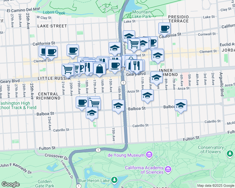 map of restaurants, bars, coffee shops, grocery stores, and more near 486 15th Avenue in San Francisco