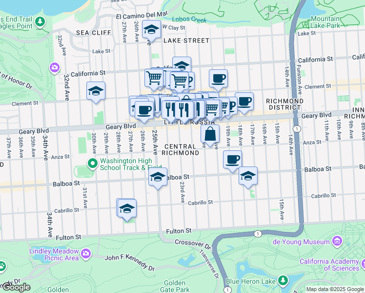 map of restaurants, bars, coffee shops, grocery stores, and more near 460A 23rd Avenue in San Francisco