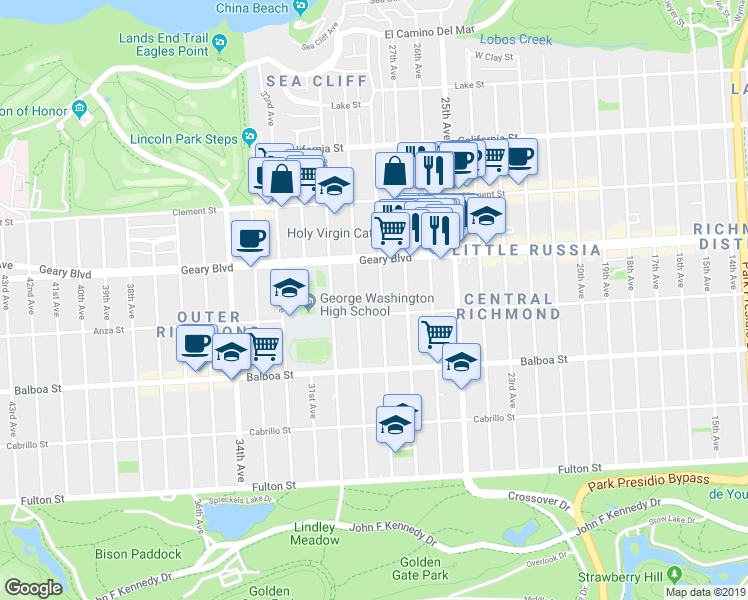 map of restaurants, bars, coffee shops, grocery stores, and more near 546 29th Avenue in San Francisco