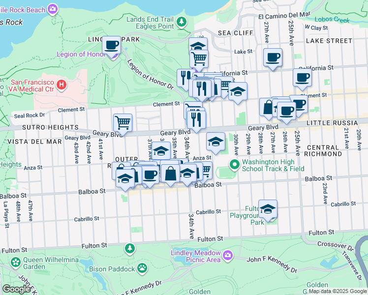 map of restaurants, bars, coffee shops, grocery stores, and more near 531 34th Avenue in San Francisco