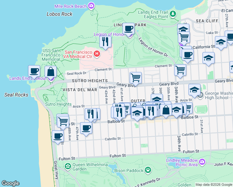 map of restaurants, bars, coffee shops, grocery stores, and more near 501 41st Avenue in San Francisco