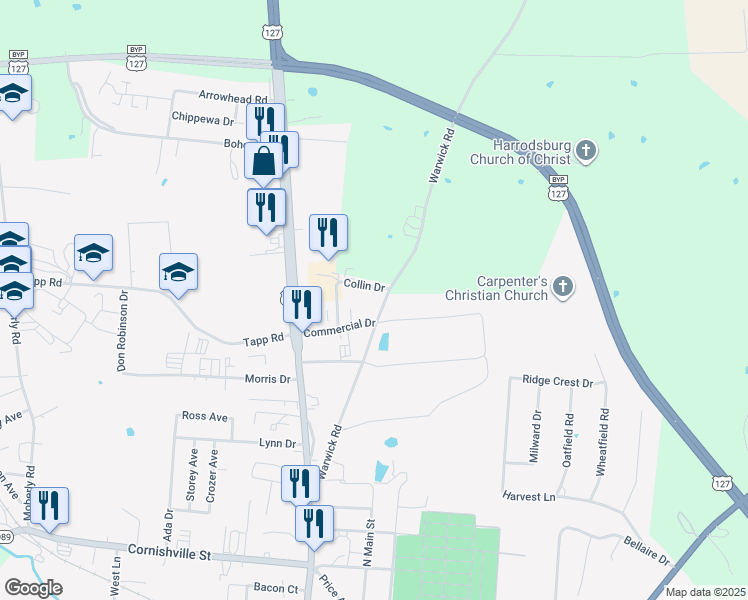 map of restaurants, bars, coffee shops, grocery stores, and more near 1000 Warwick Road in Harrodsburg