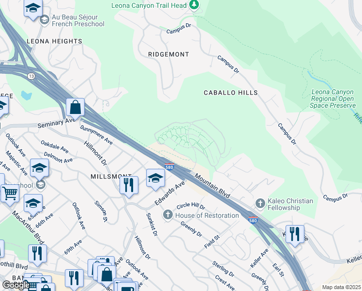 map of restaurants, bars, coffee shops, grocery stores, and more near 6154 Old Quarry Loop in Oakland