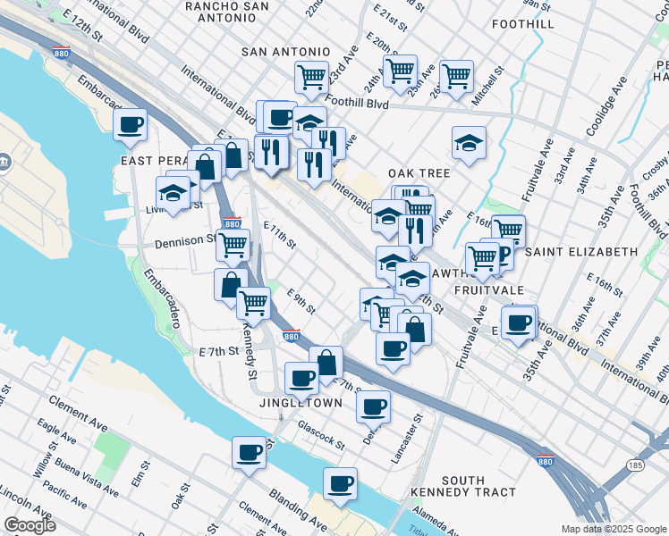 map of restaurants, bars, coffee shops, grocery stores, and more near 2744 East 11th Street in Oakland