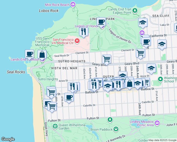 map of restaurants, bars, coffee shops, grocery stores, and more near 7829 Geary Boulevard in San Francisco