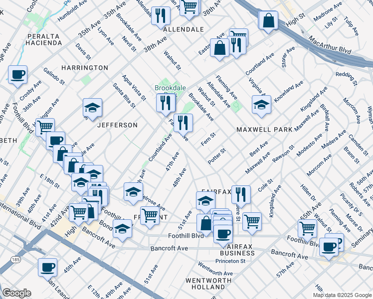 map of restaurants, bars, coffee shops, grocery stores, and more near 4716 Fairfax Avenue in Oakland
