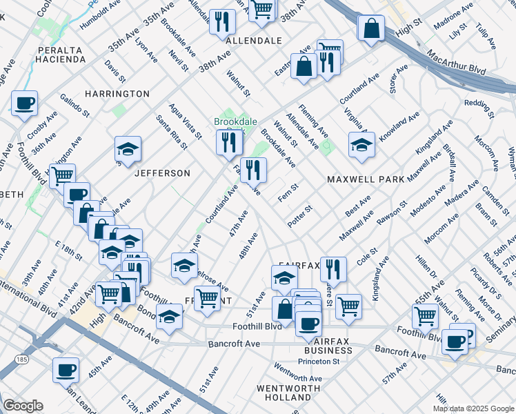 map of restaurants, bars, coffee shops, grocery stores, and more near 4714 Congress Avenue in Oakland