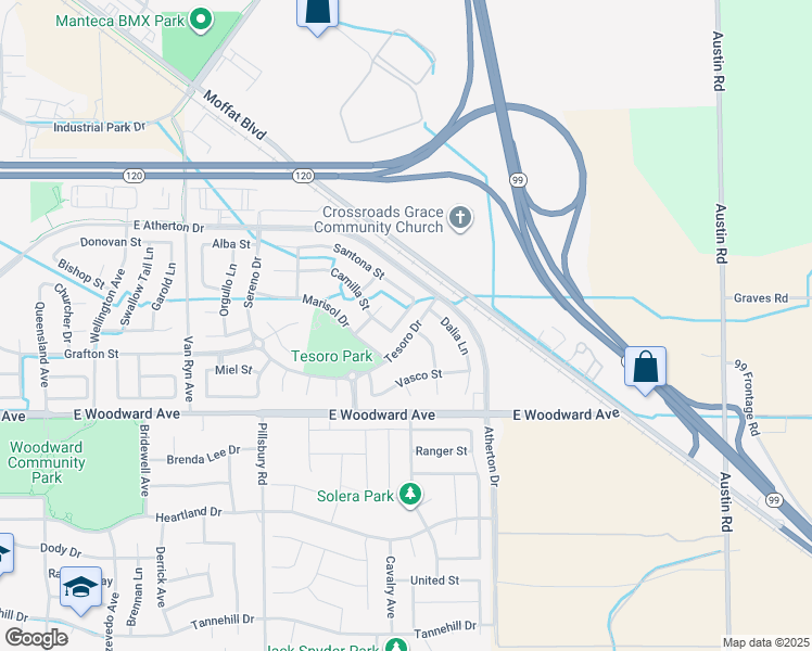 map of restaurants, bars, coffee shops, grocery stores, and more near 1450 Albero Court in Manteca