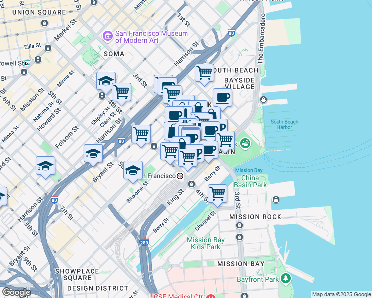 map of restaurants, bars, coffee shops, grocery stores, and more near 411 Brannan Street in San Francisco