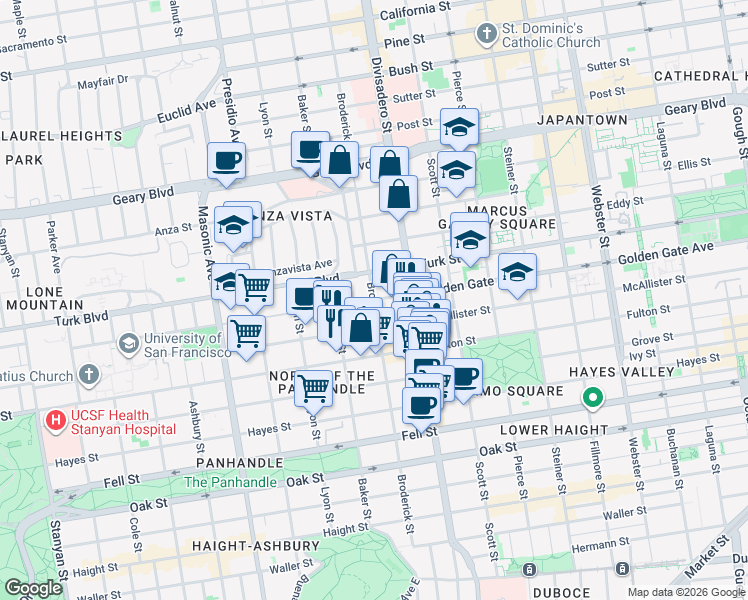 map of restaurants, bars, coffee shops, grocery stores, and more near Golden Gate Ave & Broderick St in San Francisco
