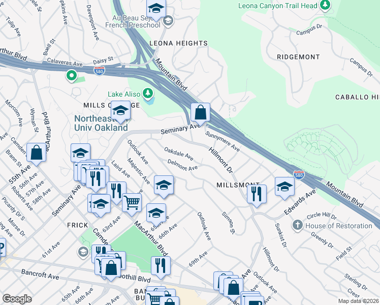 map of restaurants, bars, coffee shops, grocery stores, and more near 6208 Oakdale Avenue in Oakland