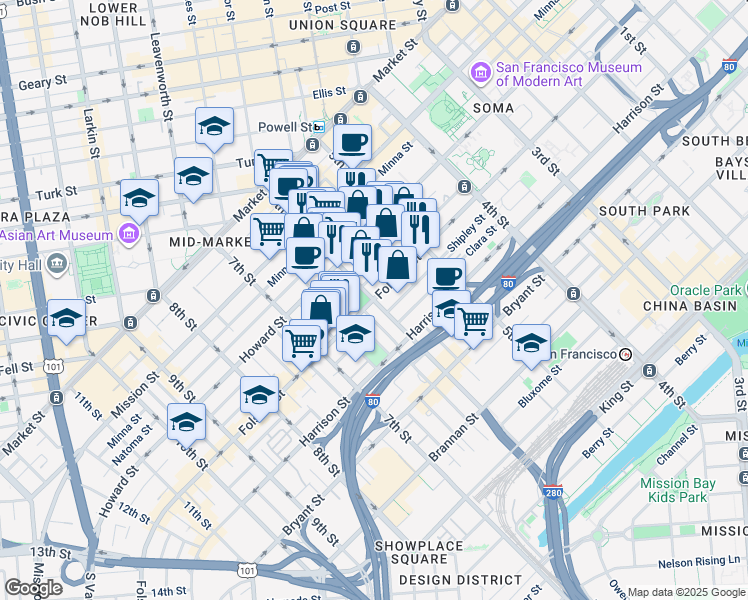 map of restaurants, bars, coffee shops, grocery stores, and more near Folsom St & 6th St in San Francisco