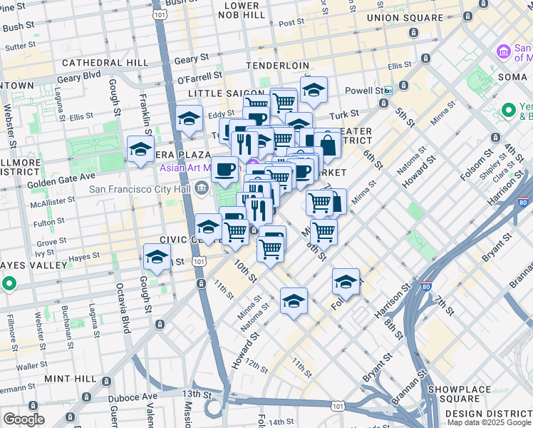 map of restaurants, bars, coffee shops, grocery stores, and more near 1212 Market Street in San Francisco