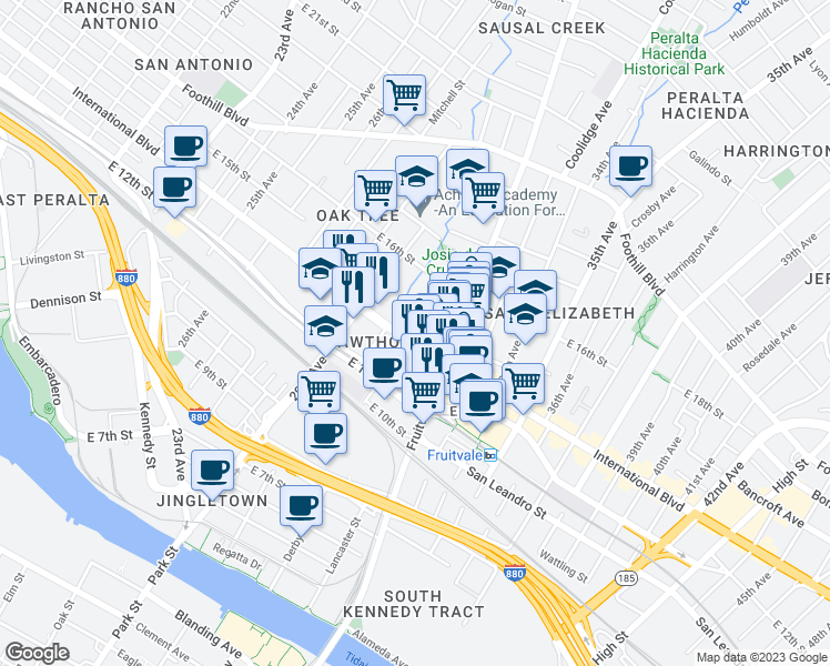 map of restaurants, bars, coffee shops, grocery stores, and more near 3050 International Boulevard in Oakland