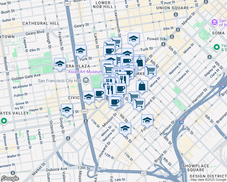 map of restaurants, bars, coffee shops, grocery stores, and more near 1212 Market Street in San Francisco