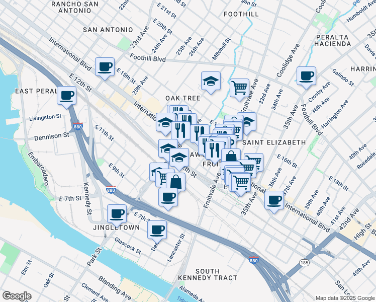 map of restaurants, bars, coffee shops, grocery stores, and more near 2920 International Boulevard in Oakland