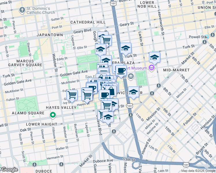 map of restaurants, bars, coffee shops, grocery stores, and more near 380 Fulton Street in San Francisco