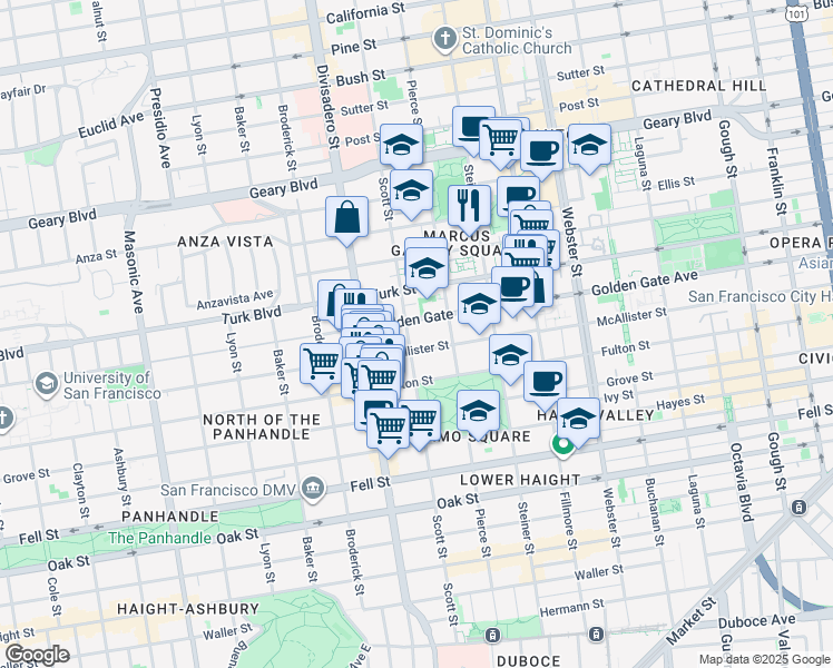 map of restaurants, bars, coffee shops, grocery stores, and more near 1513 Golden Gate Avenue in San Francisco