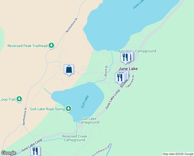 map of restaurants, bars, coffee shops, grocery stores, and more near 102 Granite Avenue in June Lake