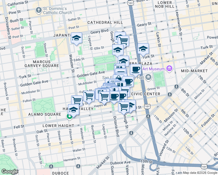 map of restaurants, bars, coffee shops, grocery stores, and more near Fulton St & Octavia St in San Francisco