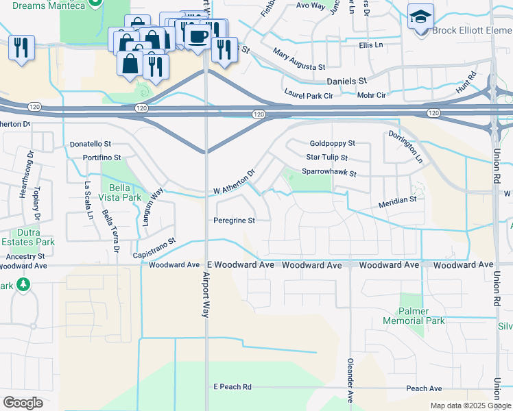 map of restaurants, bars, coffee shops, grocery stores, and more near 1572 Purple Martin Lane in Manteca