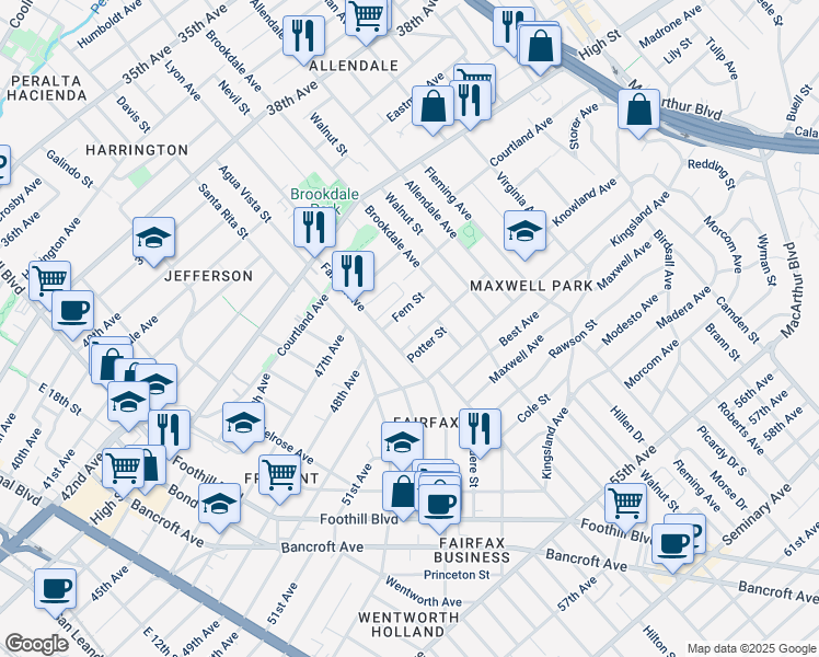 map of restaurants, bars, coffee shops, grocery stores, and more near 2440 Fern Street in Oakland