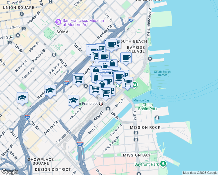 map of restaurants, bars, coffee shops, grocery stores, and more near 224 Townsend Street in San Francisco
