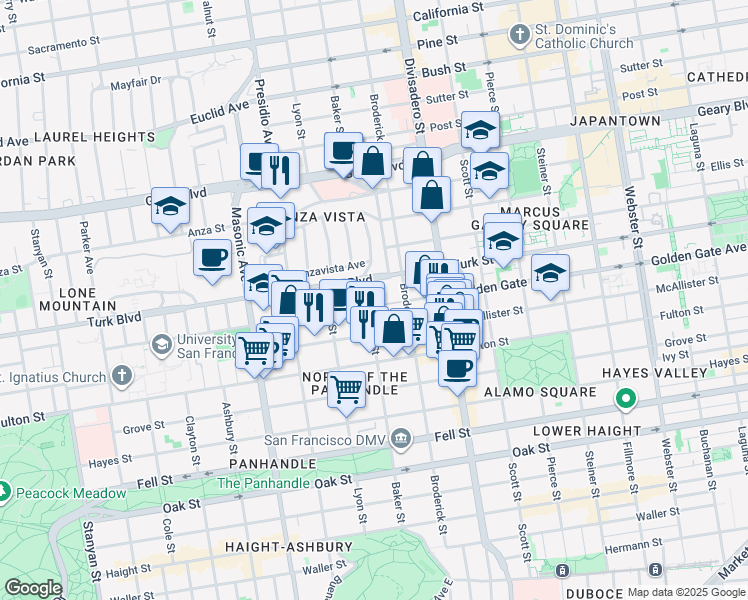 map of restaurants, bars, coffee shops, grocery stores, and more near 1888 Golden Gate Avenue in San Francisco