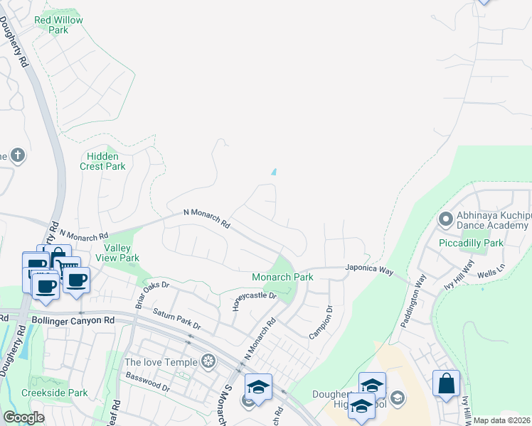 map of restaurants, bars, coffee shops, grocery stores, and more near 3309 Ironwood Drive in San Ramon
