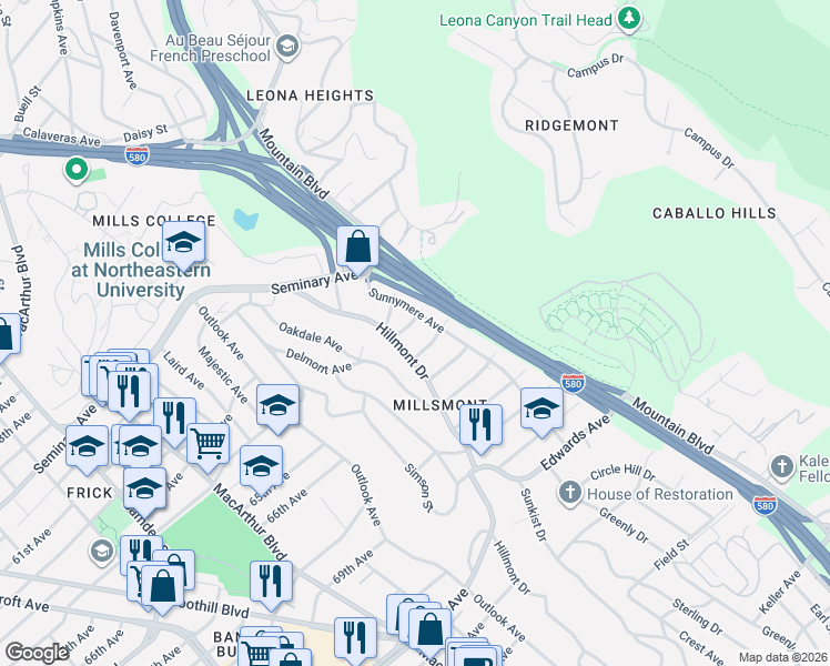 map of restaurants, bars, coffee shops, grocery stores, and more near 6331 Sunnymere Avenue in Oakland