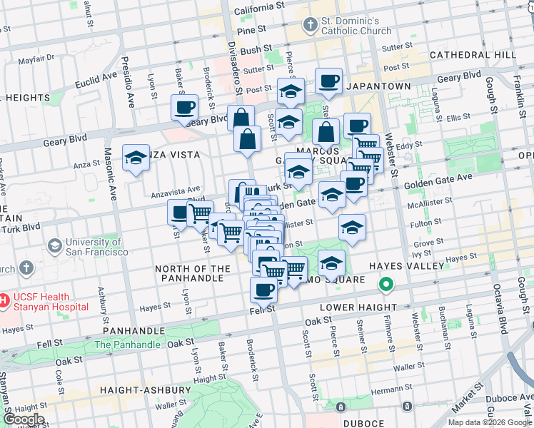 map of restaurants, bars, coffee shops, grocery stores, and more near 1616 Golden Gate Avenue in San Francisco