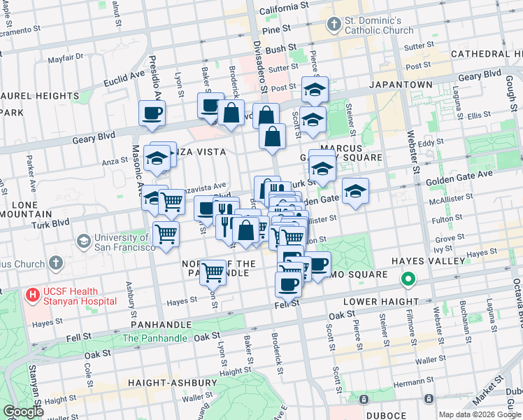 map of restaurants, bars, coffee shops, grocery stores, and more near in San Francisco