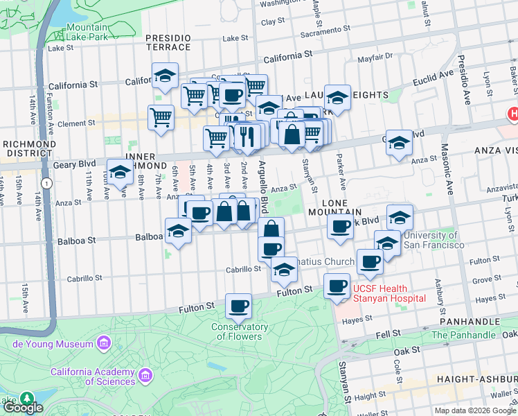 map of restaurants, bars, coffee shops, grocery stores, and more near 600 Arguello Boulevard in San Francisco