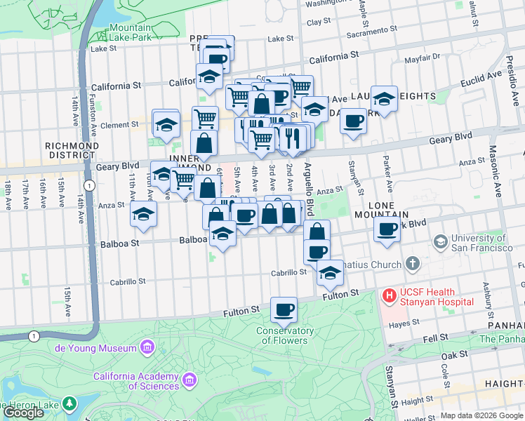 map of restaurants, bars, coffee shops, grocery stores, and more near 1227 Anza Street in San Francisco