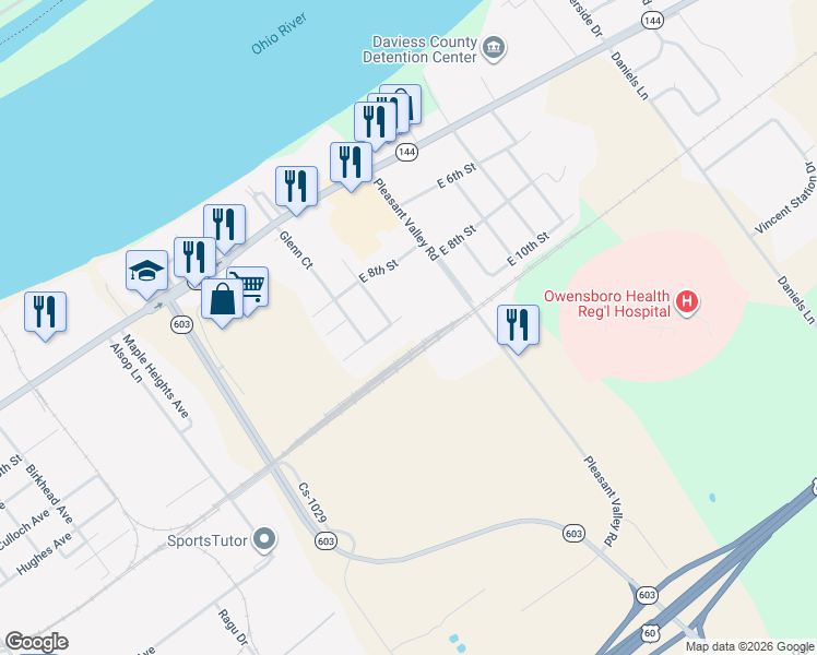 map of restaurants, bars, coffee shops, grocery stores, and more near 820 Pleasant Valley Road in Owensboro