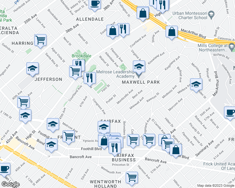 map of restaurants, bars, coffee shops, grocery stores, and more near 4822 Gordon Street in Oakland